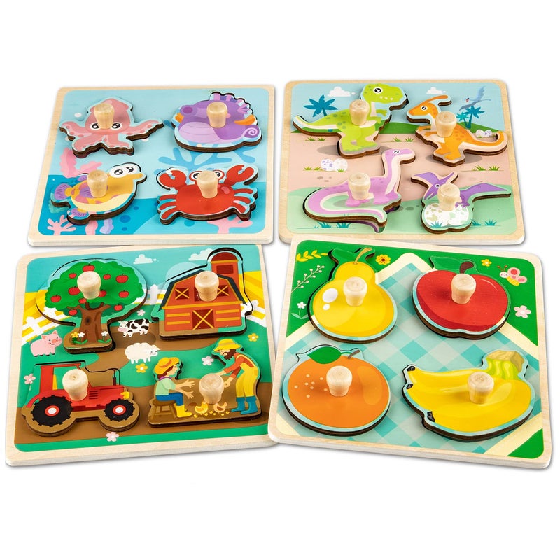 Funsland Wooden Toddler Puzzles 4 Pcs EcoFriendly Animal Patterns Jigsaw With Handles Infant Kid Fine Motor Skill Learning Educational Montessori Toys for 13 Years Old - Image 3