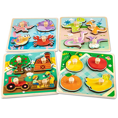 Funsland Wooden Toddler Puzzles 4 Pcs EcoFriendly Animal Patterns Jigsaw With Handles Infant Kid Fine Motor Skill Learning Educational Montessori Toys for 13 Years Old - Image 1