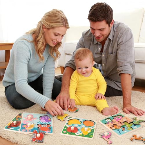 Funsland Wooden Toddler Puzzles 4 Pcs EcoFriendly Animal Patterns Jigsaw With Handles Infant Kid Fine Motor Skill Learning Educational Montessori Toys for 13 Years Old - Image 5
