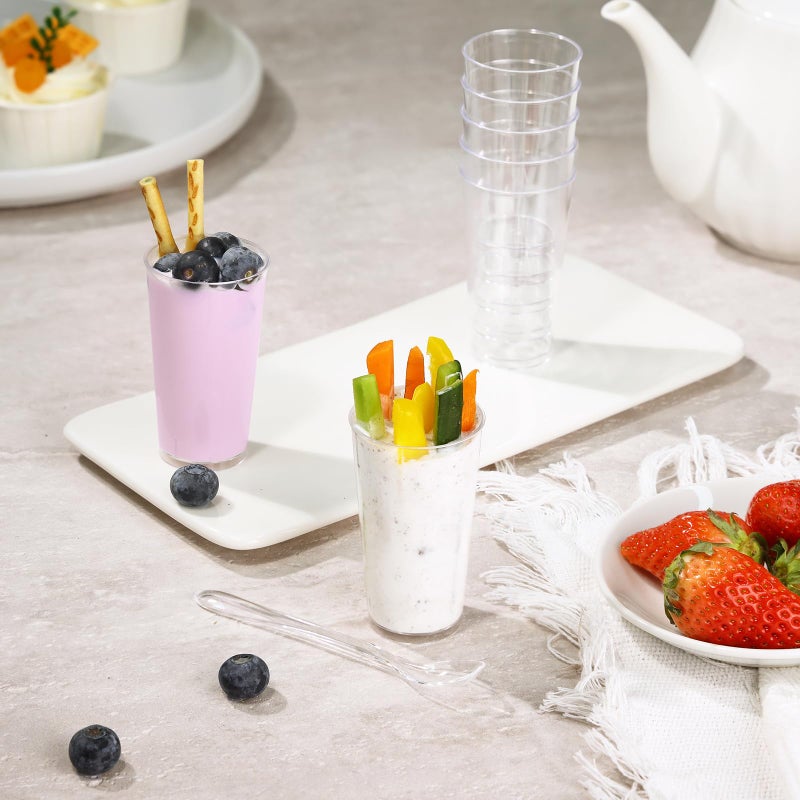 Eupako 3 oz Plastic Dessert Shooter Cups with Spoons - 100 Pack Mini Clear Round Appetizer Cup Shot Glasses, Small Dessert Cups for Jello Shots, Parfait, Puddings, Mousse, Parfait - Image 4