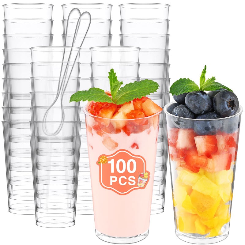 Eupako 3 oz Plastic Dessert Shooter Cups with Spoons - 100 Pack Mini Clear Round Appetizer Cup Shot Glasses, Small Dessert Cups for Jello Shots, Parfait, Puddings, Mousse, Parfait - Image 1