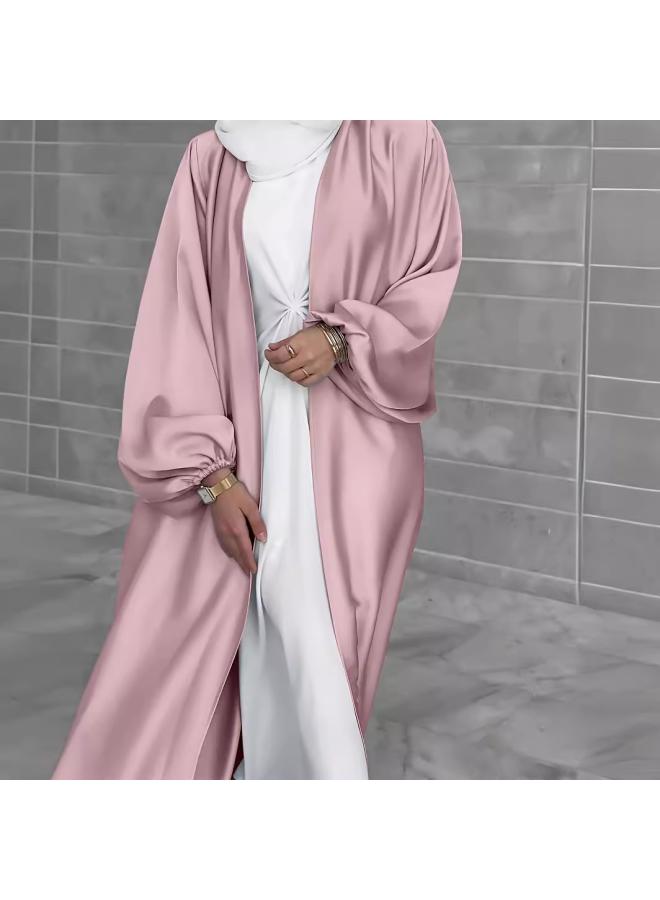 VUELO New Muslim Women's Satin Puff Sleeve Robe Elegant Cardigan - Image 4