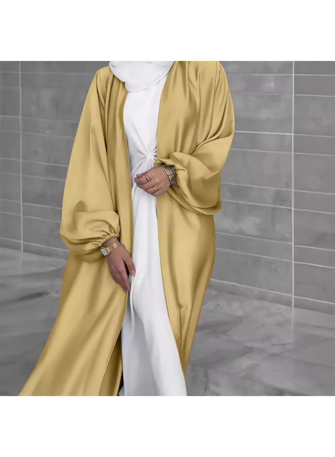 VUELO New Muslim Women's Satin Puff Sleeve Robe Elegant Cardigan - Image 2