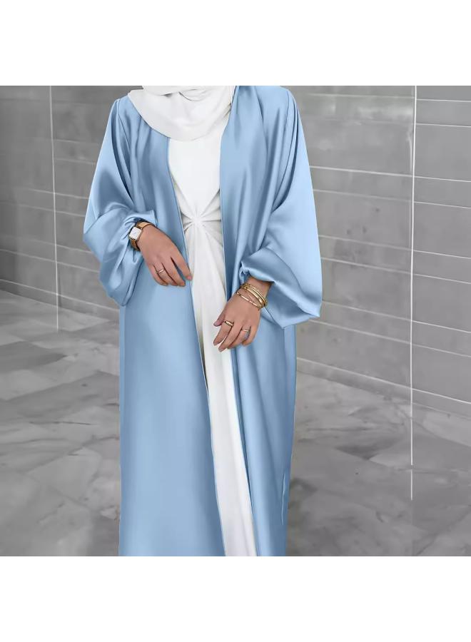 VUELO New Muslim Women's Satin Puff Sleeve Robe Elegant Cardigan - Image 3