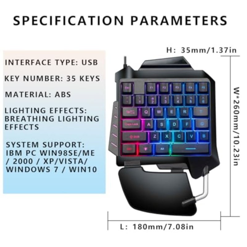 لوحة مفاتيح ذات 35 مفتاحًا RGB بيد واحدة مع مسند للمعصم لأغطية مفاتيح ABS للألعاب، باللون الأسود، لوحة مفاتيح سلكية صغيرة مريحة مع إضاءة خلفية - Image 4