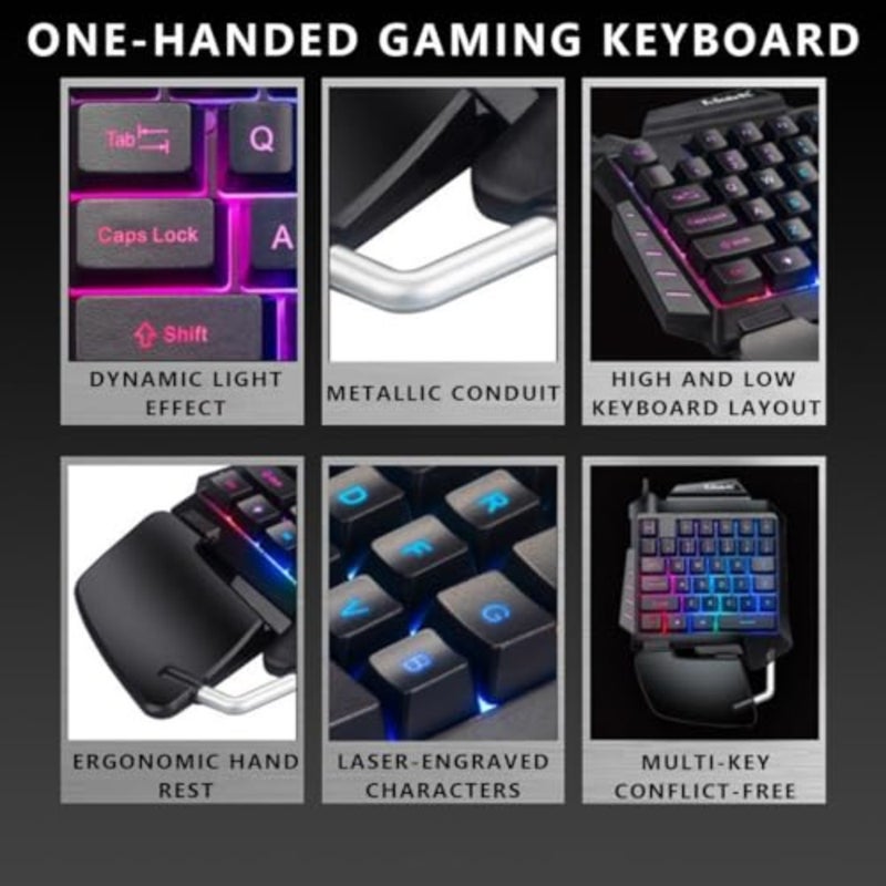 لوحة مفاتيح ذات 35 مفتاحًا RGB بيد واحدة مع مسند للمعصم لأغطية مفاتيح ABS للألعاب، باللون الأسود، لوحة مفاتيح سلكية صغيرة مريحة مع إضاءة خلفية - Image 3