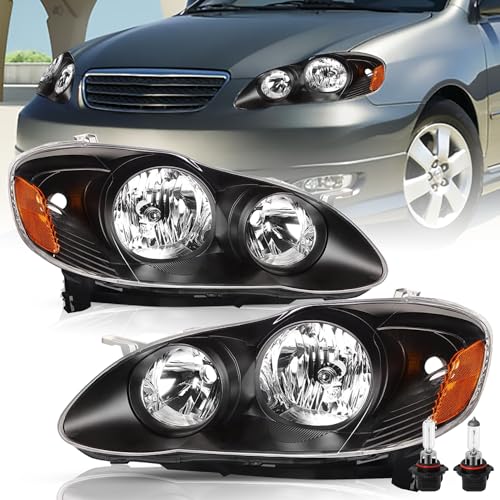 TUSDAR Headlight Assembly Replacement for Toyota Corolla 2003 2004 2005 2006 2007 2008 Headlamps Replacement Passenger and Driver Side Black Housing with Amber Reflector Bulbs Included - Image 1