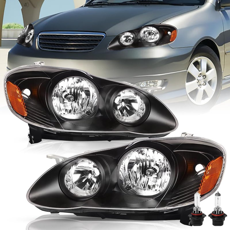 TUSDAR Headlight Assembly Replacement for Toyota Corolla 2003 2004 2005 2006 2007 2008 Headlamps Replacement Passenger and Driver Side Black Housing with Amber Reflector Bulbs Included - Image 3