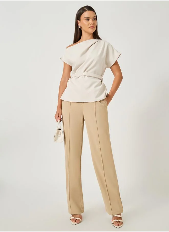 Styli Styli Asymmetric Neck Short Sleeves Belted Top