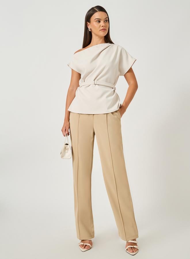 Styli Styli Asymmetric Neck Short Sleeves Belted Top - Image 2