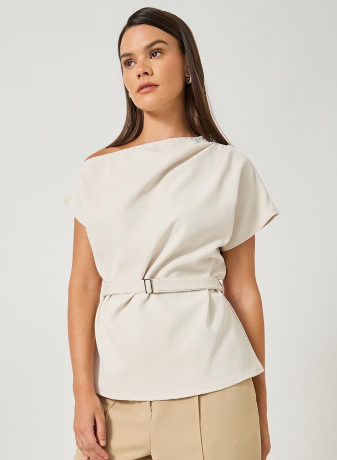 Styli Styli Asymmetric Neck Short Sleeves Belted Top - Image 3