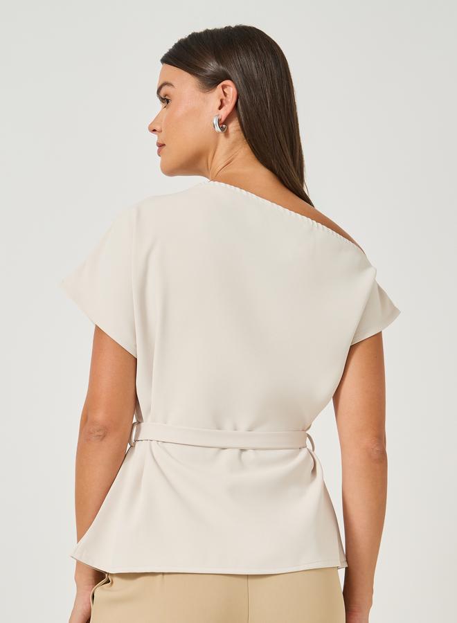 Styli Styli Asymmetric Neck Short Sleeves Belted Top - Image 5