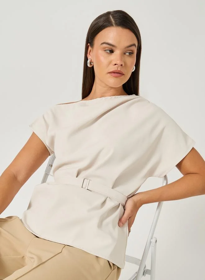 Styli Off White Styli Asymmetric Neck Short Sleeves Belted Top for Women | Best Price UAE