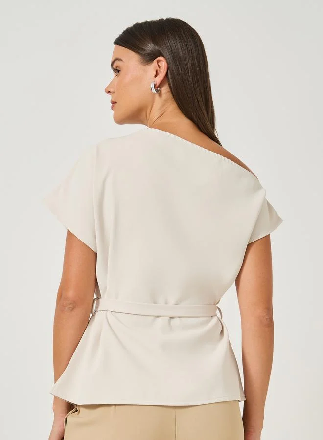 Styli Off White Styli Asymmetric Neck Short Sleeves Belted Top for Women | Best Price UAE