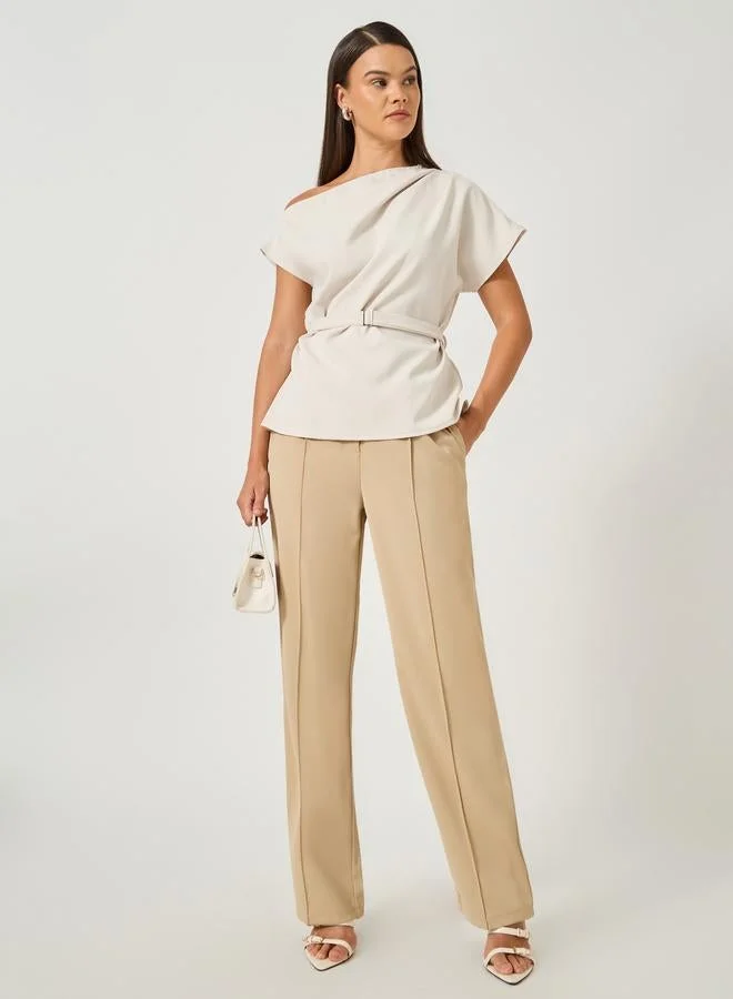 Styli Off White Styli Asymmetric Neck Short Sleeves Belted Top for Women | Best Price UAE