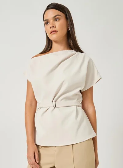 Styli Styli Asymmetric Neck Short Sleeves Belted Top