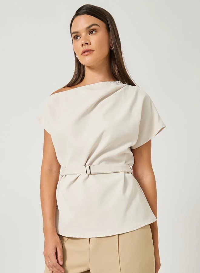 Styli Asymmetric Neck Short Sleeves Belted Top
