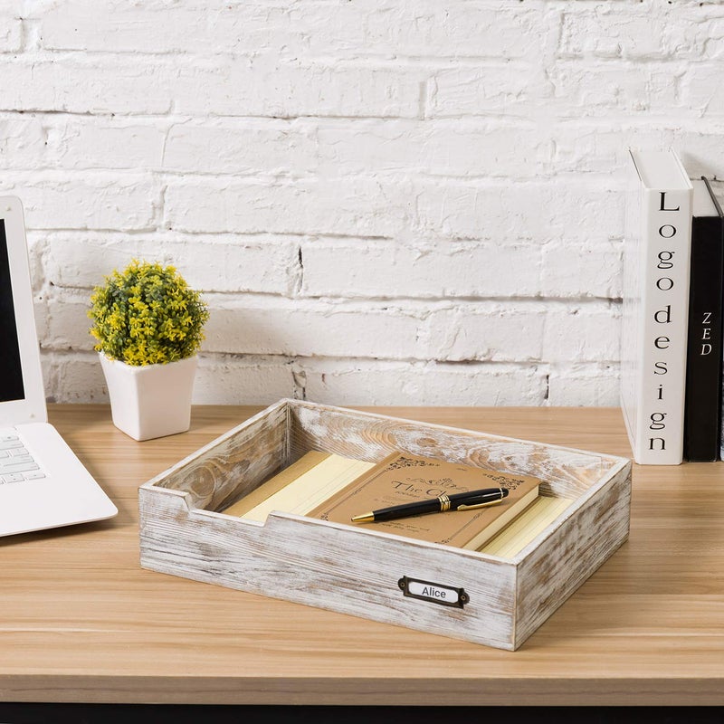 MyGift Rustic White Desktop Letter Tray - Shabby Whitewashed Wood Inbox Holder, Desk Paper File Folder Organizer Box with Metal Label - Image 5