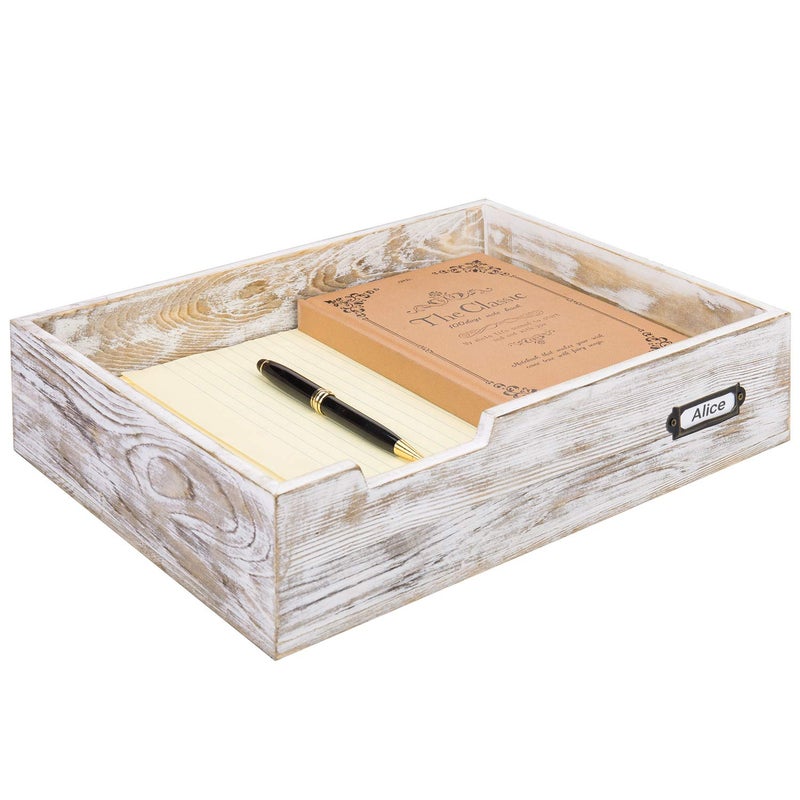 MyGift Rustic White Desktop Letter Tray - Shabby Whitewashed Wood Inbox Holder, Desk Paper File Folder Organizer Box with Metal Label - Image 1