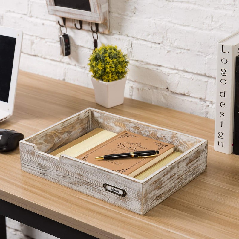 MyGift Rustic White Desktop Letter Tray - Shabby Whitewashed Wood Inbox Holder, Desk Paper File Folder Organizer Box with Metal Label - Image 4