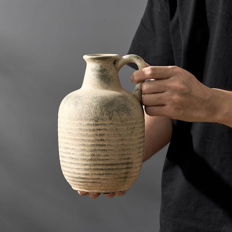 SIDUCAL Rustic Ceramic Farmhouse Flower Vase with 1 Handle-Height 8.43" Terracotta Vase, Unique Textured Pottery Flower Vases for Home Decor, Table, Wedding, Living Room, Shelf Decor, Terra - Image 5