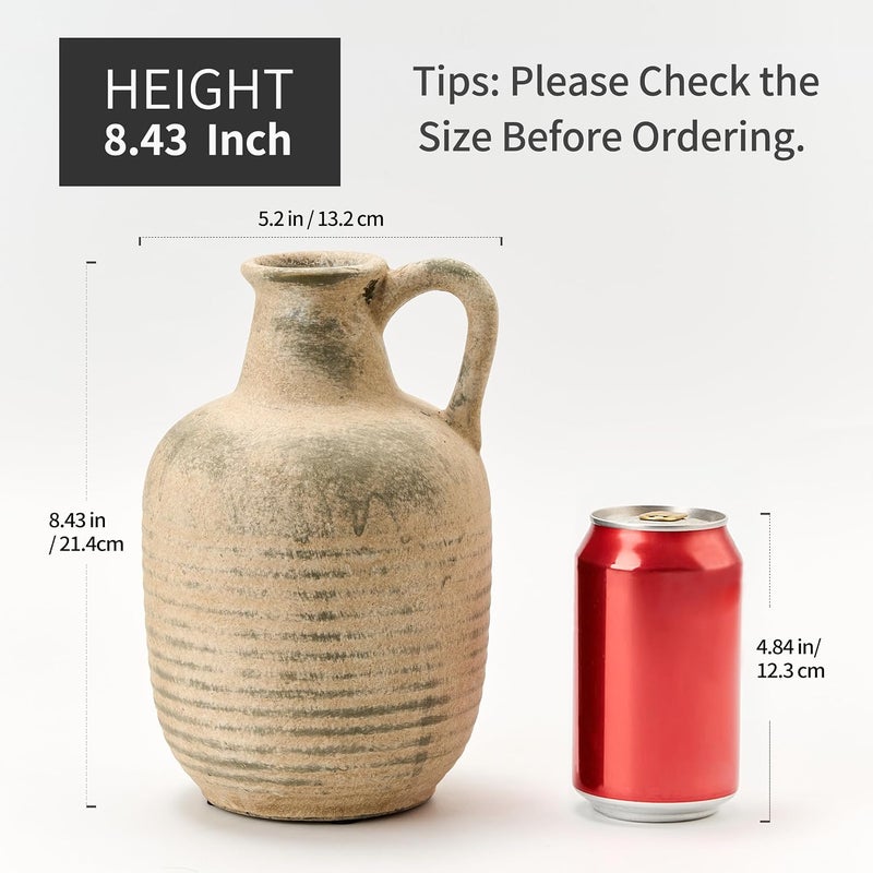 SIDUCAL Rustic Ceramic Farmhouse Flower Vase with 1 Handle-Height 8.43" Terracotta Vase, Unique Textured Pottery Flower Vases for Home Decor, Table, Wedding, Living Room, Shelf Decor, Terra - Image 3