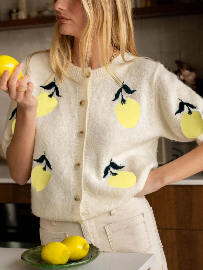 أوجيدر Cream Short Sleeves Printed Button Down Cardigan