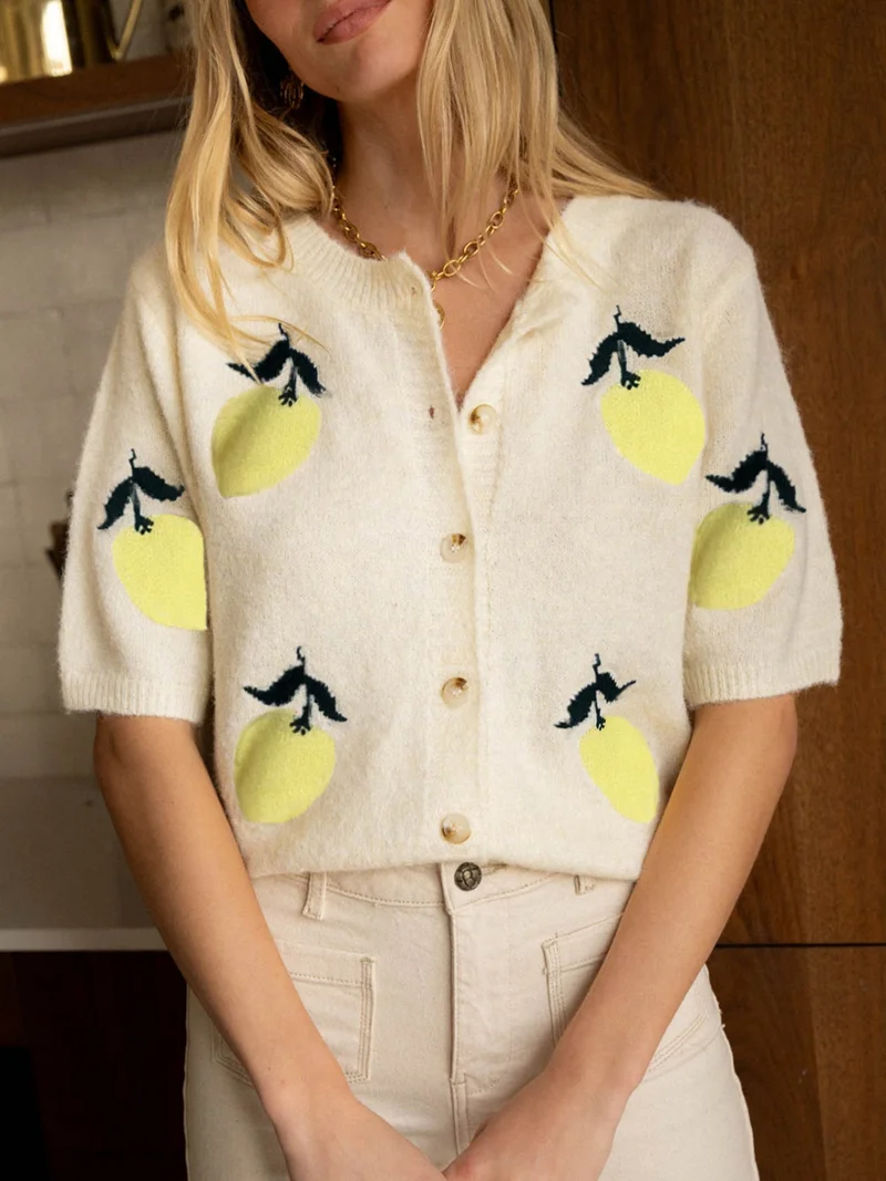 OUTZIDR  Cream Short Sleeves Printed Button Down Cardigan  | Best Price UAE