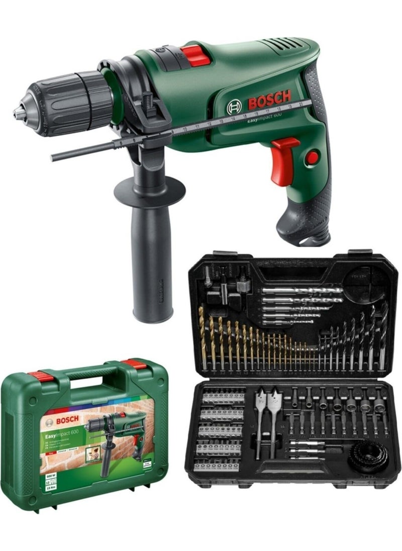 BOSCH - Easyimpact 600 13MM 600 Watt Hammer Drill + 103 Piece Drill Bit Screwing Bit Socket Bit Set - Image 1