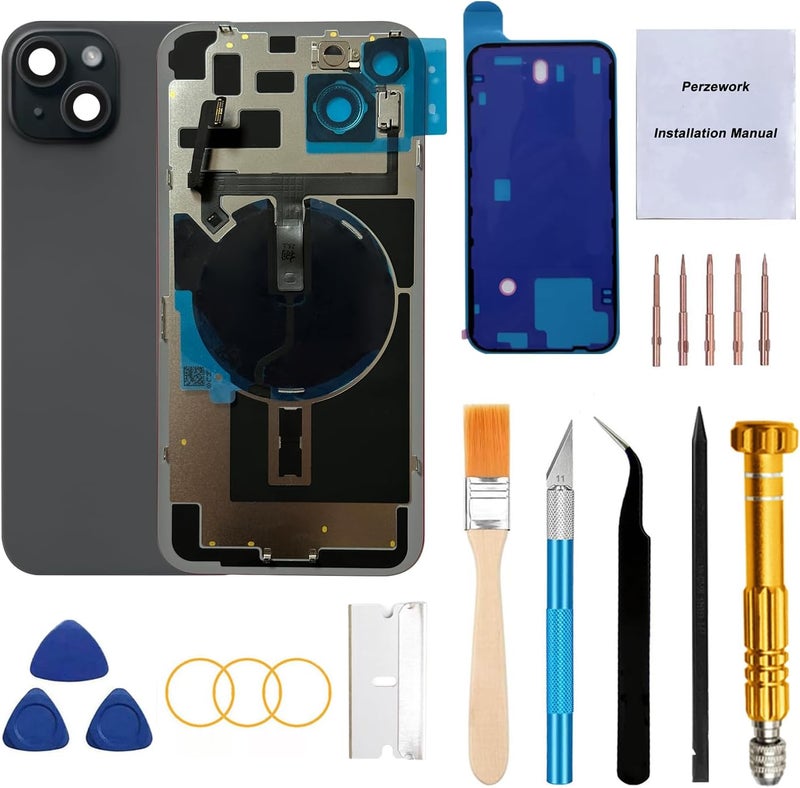 Perzework Rear Back Glass Replacement for iPhone 15 6.1-inches with Reparing Tool Kit and All Necessary Parts (Black) - Image 1