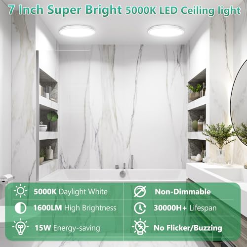 Brightever 7 Inch LED Flush Mount Ceiling Light Fixture, 15W 1600LM, Super Slim 0.67 Inch Small LED Ceiling Light, 5000K Daylight White Ceiling Lamps for Bedroom, Closet, Hallway, Non-Dimmable, 1 Pack - Image 2