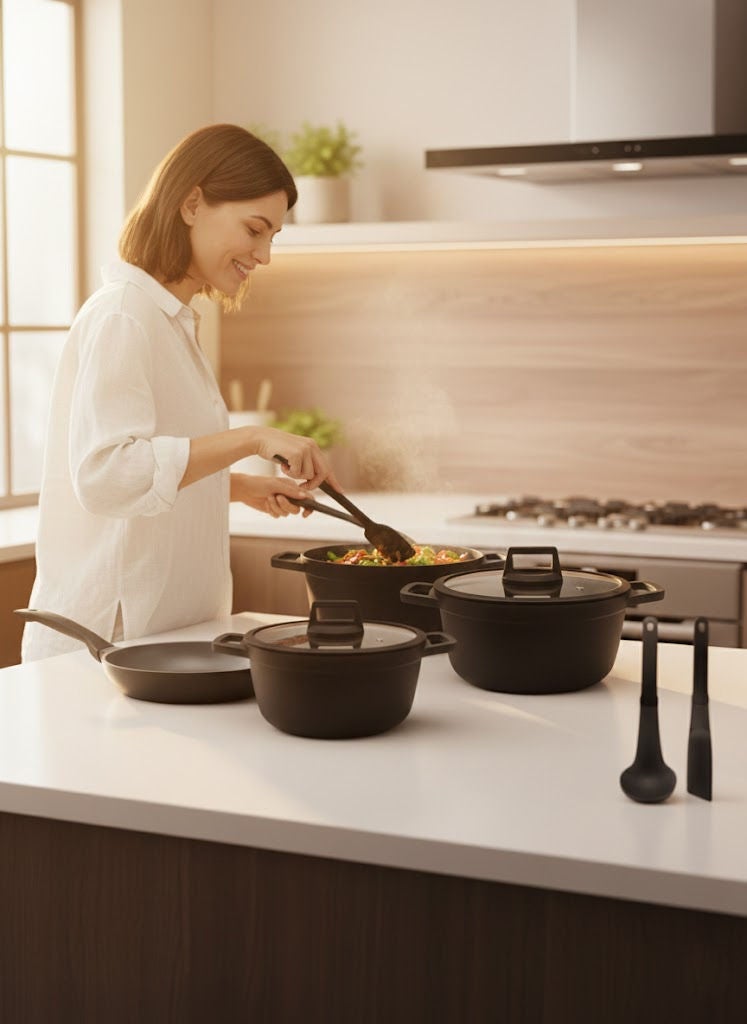 PROCILA 9-Piece Cast Aluminium Non-Stick Cookware Set Black, Set Includes: 28cm Casserole, 24cm Casserole, 20cm Casserole, 26cm Frypan, 2pcs Kitchen Tools - Image 2