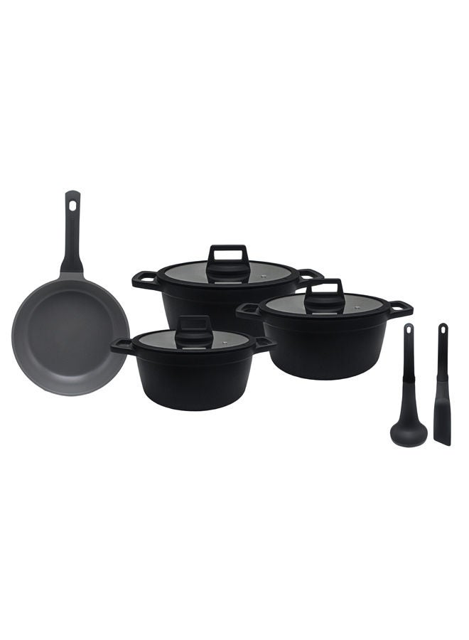 PROCILA 9-Piece Cast Aluminium Non-Stick Cookware Set Black, Set Includes: 28cm Casserole, 24cm Casserole, 20cm Casserole, 26cm Frypan, 2pcs Kitchen Tools - Image 3