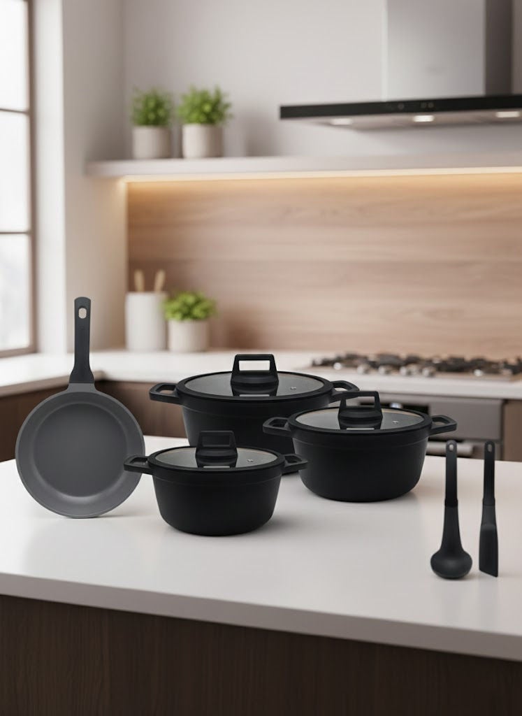 PROCILA 9-Piece Cast Aluminium Non-Stick Cookware Set Black, Set Includes: 28cm Casserole, 24cm Casserole, 20cm Casserole, 26cm Frypan, 2pcs Kitchen Tools - Image 1