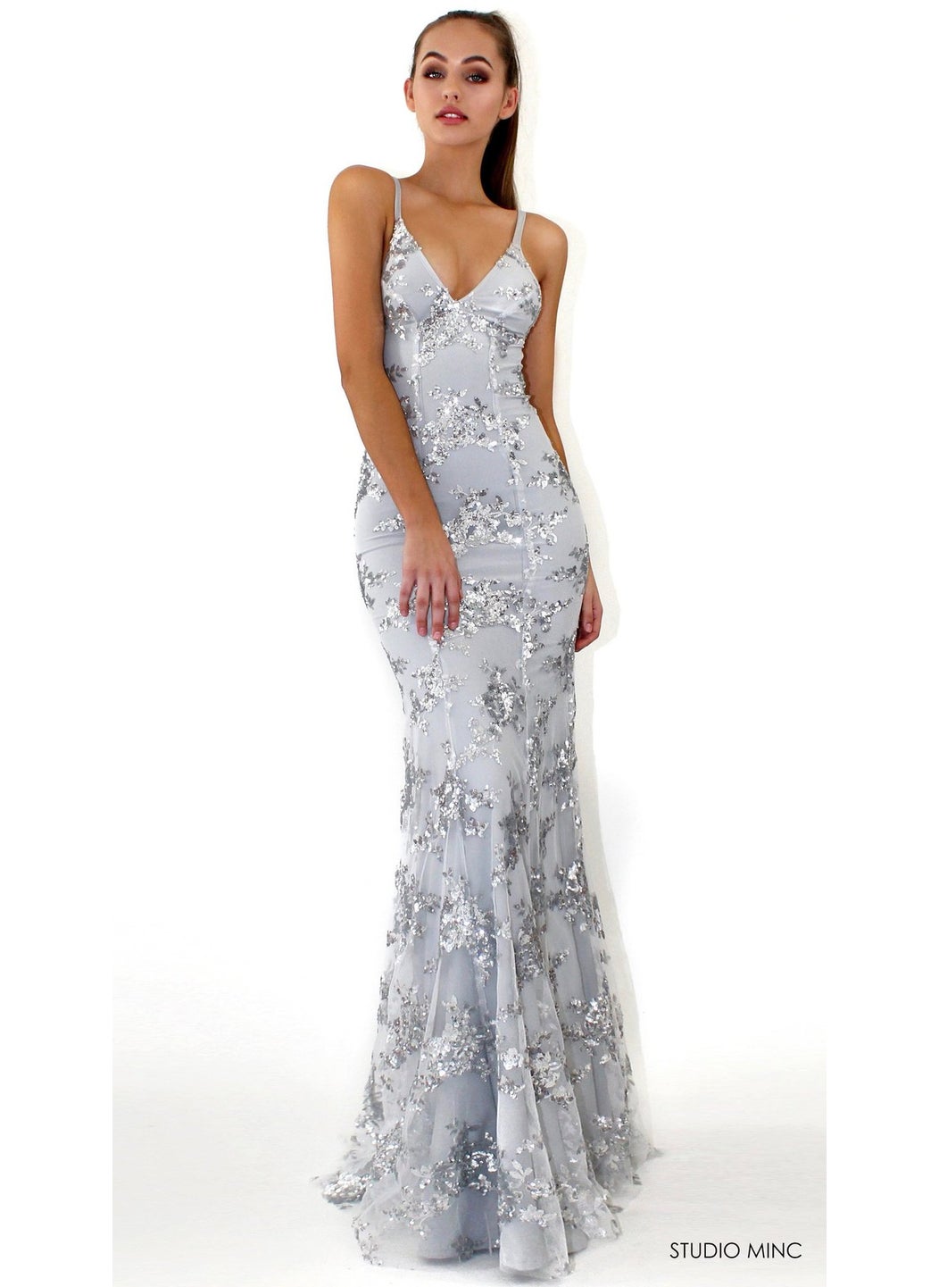 Generic - 2024 Sequined V-Neck Backless Gown Apricot - Image 1