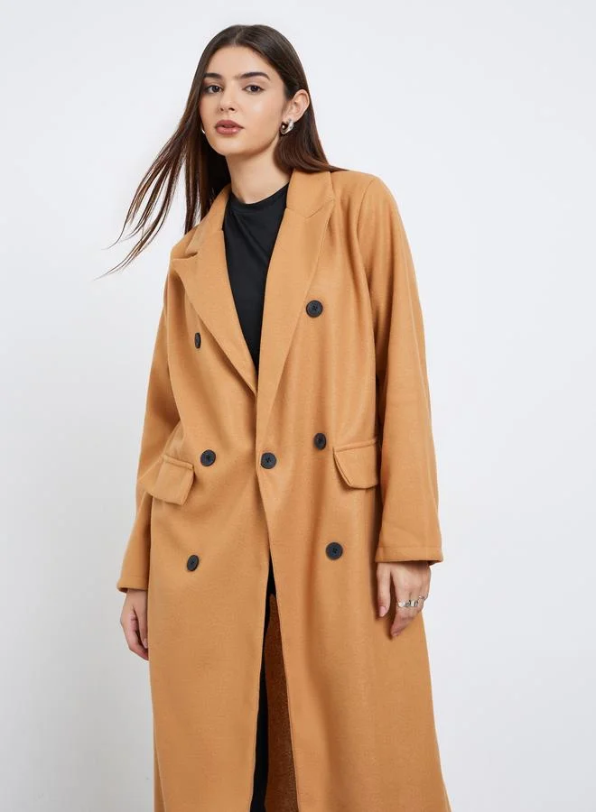 Styli Styli Brown Wool Like Double Breasted Midi Coat
