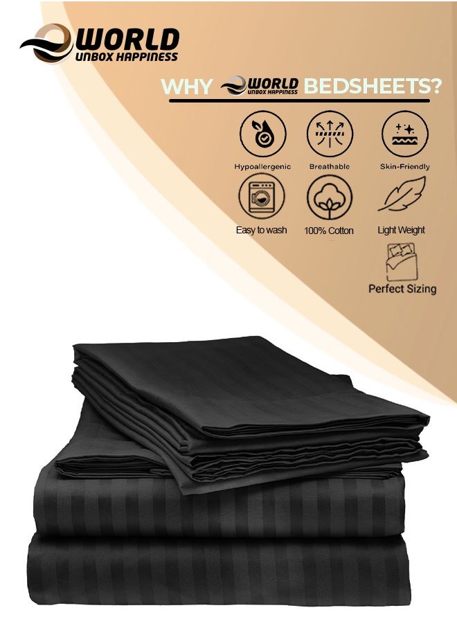 Eworld - 3 Piece Luxury Black Striped Bed Sheet Set with 1 Flat Sheet and 2 Pillowcases for Hotel and Home Crafted from Ultra Soft and Breathable For All Seasons Cotton for Year-Round Comfort (Single/Double) - Image 1