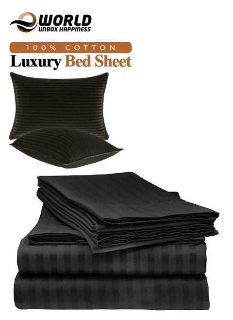 3 Piece Luxury Black Striped Bed Sheet Set with 1 Flat Sheet and 2 Pillowcases for Hotel and Home Crafted from Ultra Soft and Breathable For All Seasons Cotton for Year-Round Comfort (Single/Double)