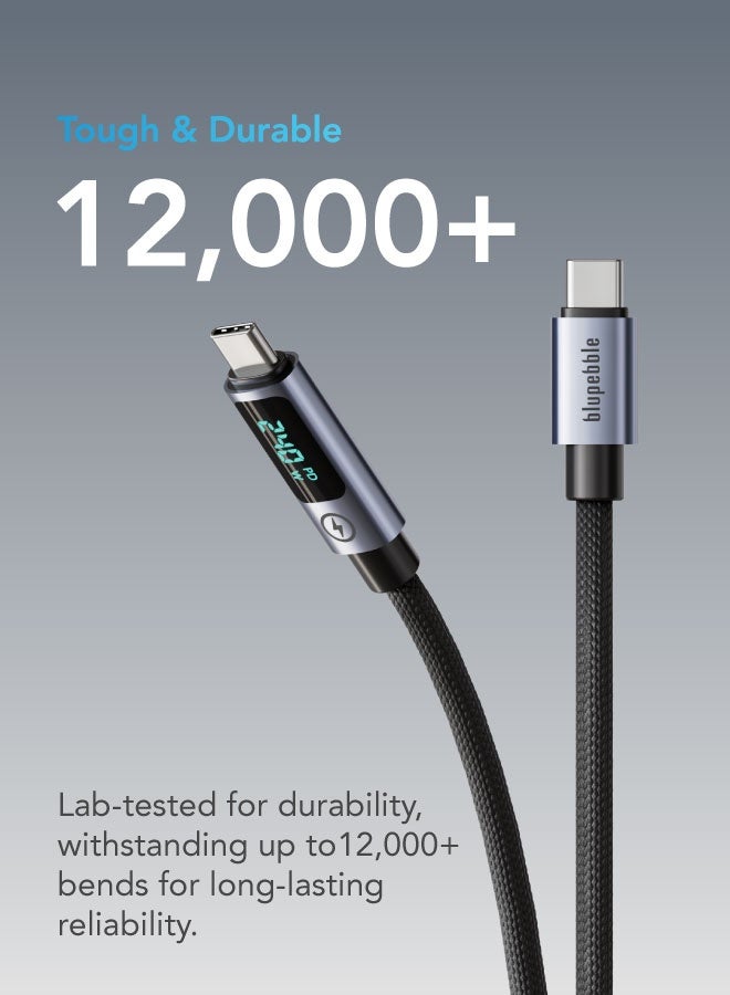 blupebble كابل شحن سريع LED USB-C إلى USB-C بقوة 240 واط من PowerFlow2 | كابل عرض LED مضفر بطول 1.2 متر | PD 3.1 E-Marker | متين، نقل بيانات عالي السرعة - Image 5