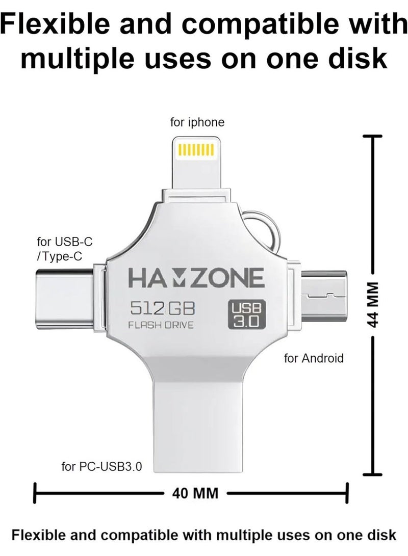 Hamzone 512GB OTG USB Flash Drive, USB 3.0 Memory Stick with 5Gbps Fast Transfer Speed, 4 in 1 Type C, Lightning, Micro USB and USB A for iPhone, iPad, Android, MacBook and PC - Image 2