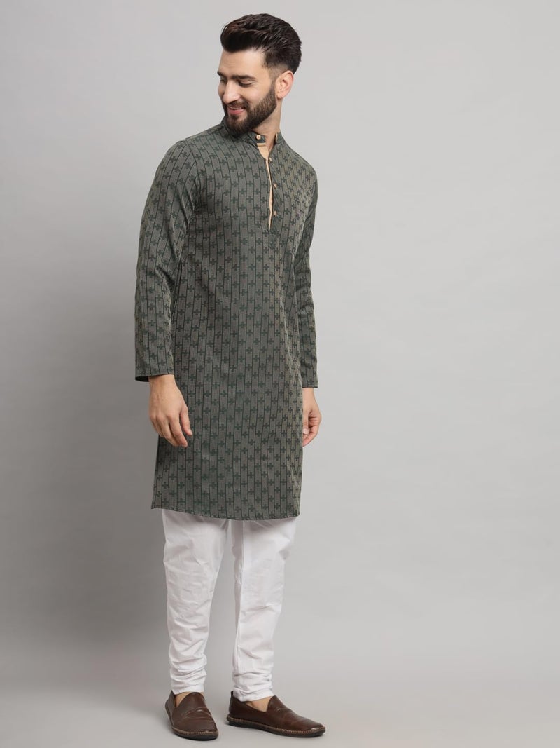 LATEST CHIKAN Men's Cotton Regular Fit Striped Knee Lenght Kurta Full Sleeves - LK_+_GR-42 Green, XL - Image 3