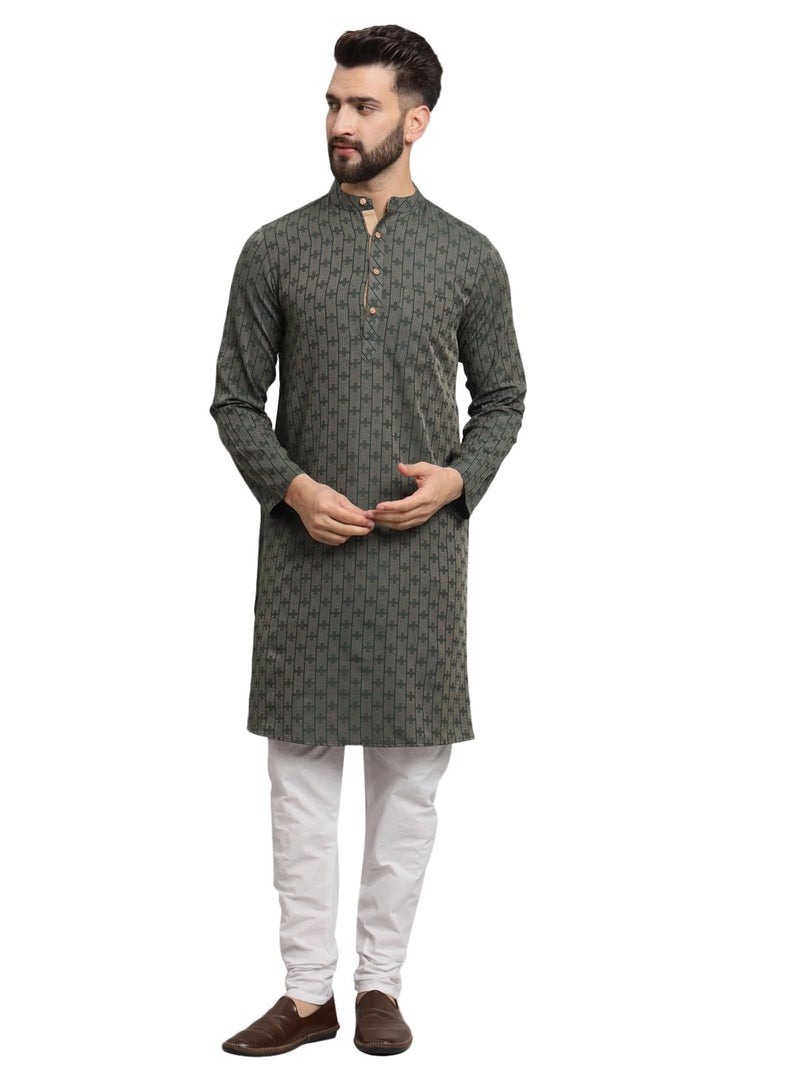 LATEST CHIKAN Men's Cotton Regular Fit Striped Knee Lenght Kurta Full Sleeves - LK_+_GR-42 Green, XL - Image 1