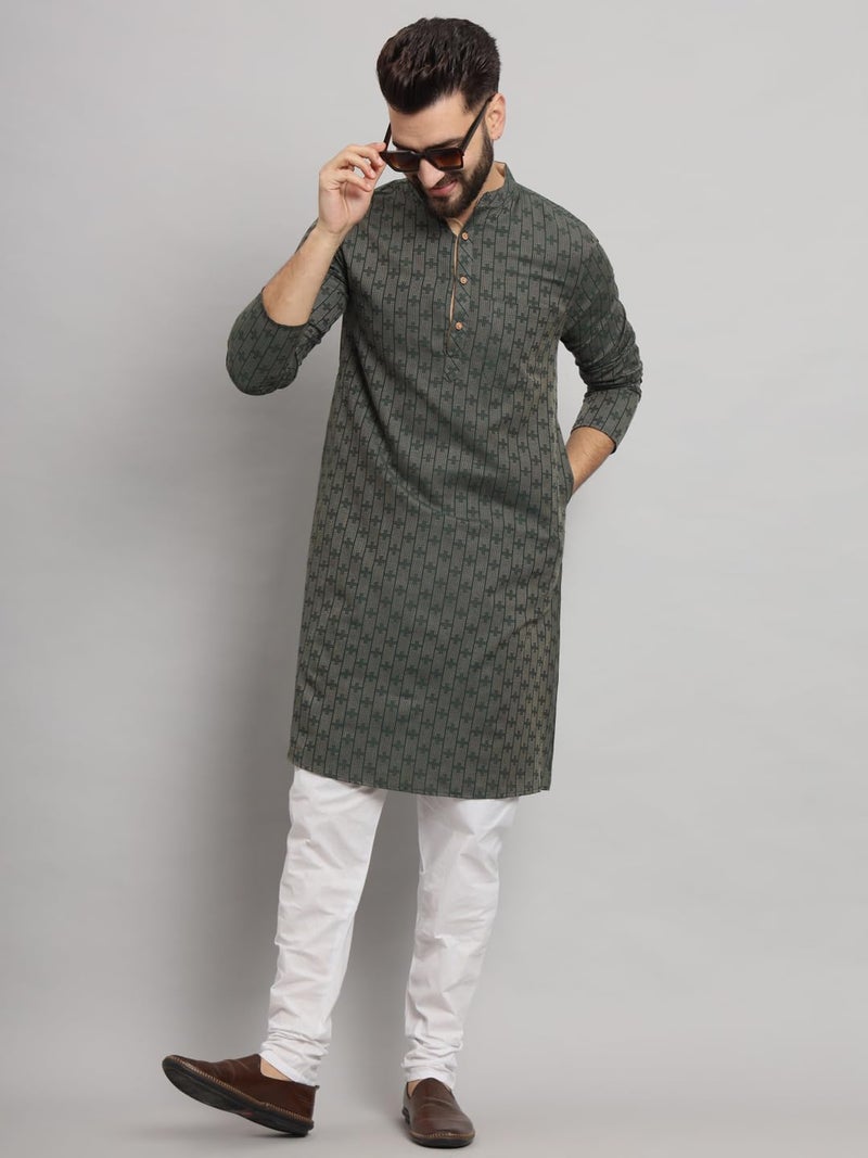 LATEST CHIKAN Men's Cotton Regular Fit Striped Knee Lenght Kurta Full Sleeves - LK_+_GR-42 Green, XL - Image 2