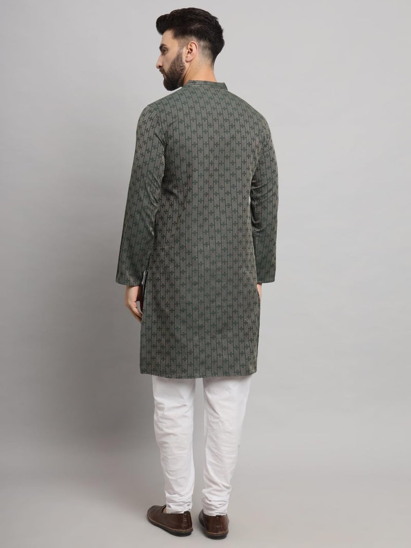 LATEST CHIKAN Men's Cotton Regular Fit Striped Knee Lenght Kurta Full Sleeves - LK_+_GR-42 Green, XL - Image 5