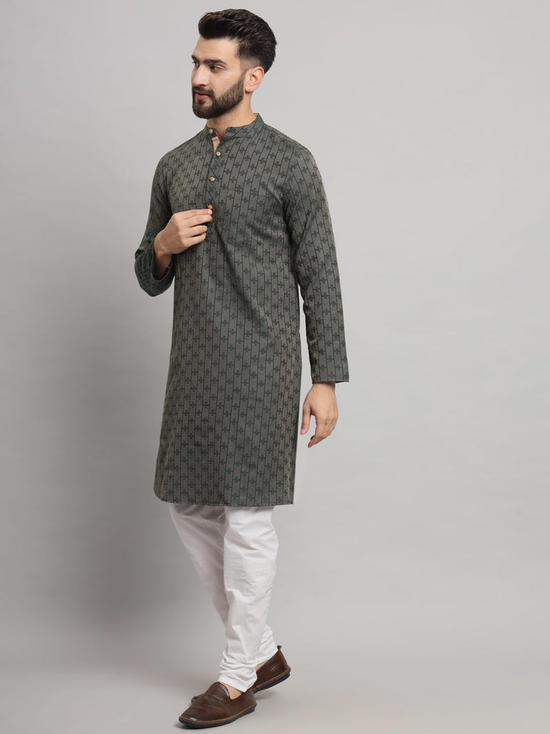 LATEST CHIKAN Men's Cotton Regular Fit Striped Knee Lenght Kurta Full Sleeves - LK_+_GR-42 Green, XL - Image 4
