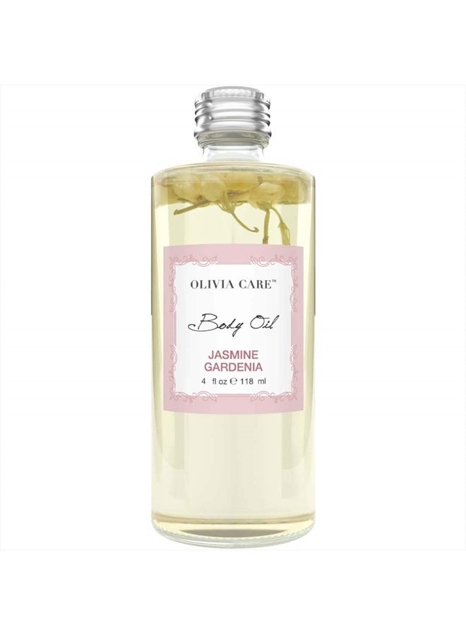 Olivia Care زيت الجسم من ياسمين جاردينيا نباتي وطبيعي للنساء | زيت مرطب ومغذي بعد الاستحمام - مع فيتامين E و K وأحماض أوميغا الدهنية تقلل من جفاف البشرة، خصائص مضادة للشيخوخة - 4 أونصات - Image 1