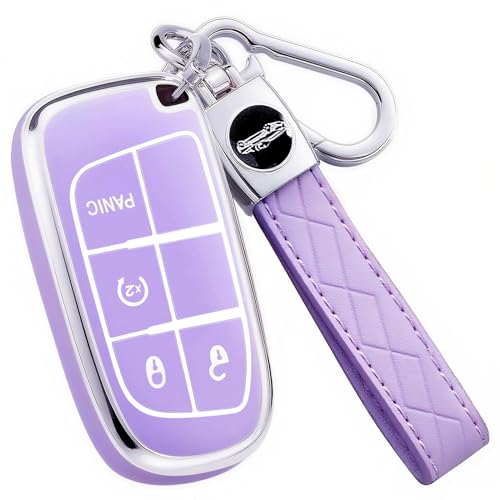 AAWQVRG Key Fob Cover for Jeep - Premium Soft TPU Shell Full Protection Case with Keychain, Fits Grand Cherokee Compass Renegade Chrysler Dodge RAM Durango Challenger Journey Dart Fiat, Purple, 4-Button - Image 1