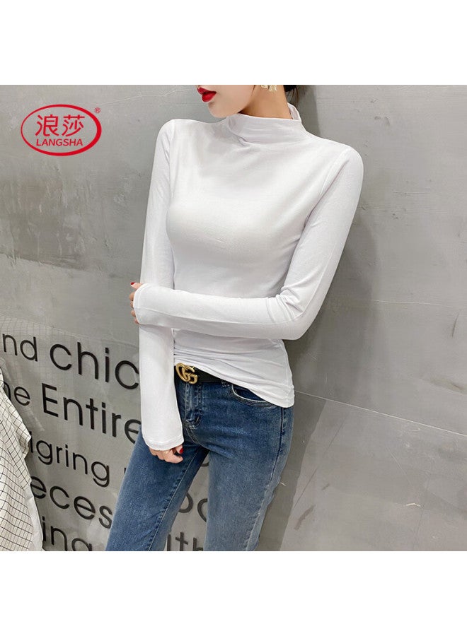 Langsha Pure Cotton Half Turtleneck Base Shirt Women Spring Autumn Winter Slim Fit Long Sleeve T-shirt Black L