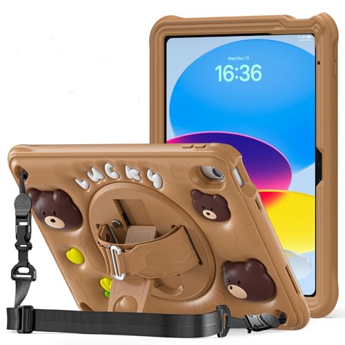 ProElite Cover for Apple iPad (A16) 11th/10th Generation (2025/2022) Case Cover, Tough Bubble Kids case Cover for Apple iPad 11th/10th Gen 2025/2022 with Rotating Kickstand & Shoulder Strap, Brown - Image 1