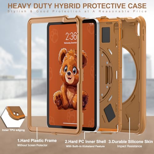 ProElite Cover for Apple iPad (A16) 11th/10th Generation (2025/2022) Case Cover, Tough Bubble Kids case Cover for Apple iPad 11th/10th Gen 2025/2022 with Rotating Kickstand & Shoulder Strap, Brown - Image 2